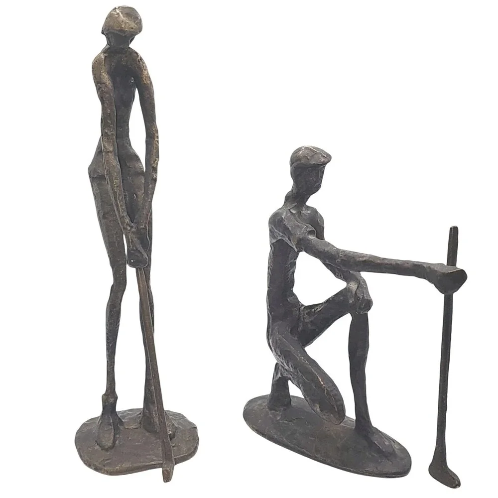 Vintage Pier 1 Pair of Metal Golfer‎ Statues - Male And Female Forms